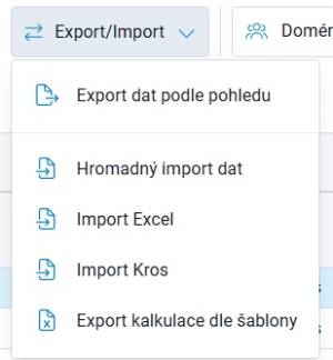 Nabídka Export/Import s akcemi pro import a export kalkulací