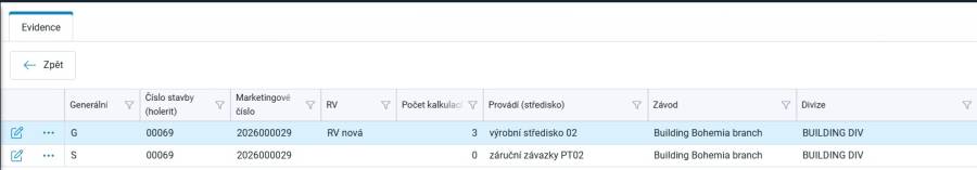 Okno Přehled zakázek stavby se všemi projekty vybrané zakázky
