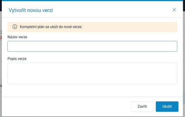 Okno Vytvořit novou verzi