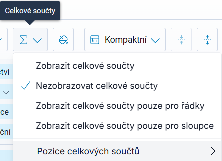 Nabídka Celkové součty s volbami zobrazení a pozice celkových součtů Nabídka Celkové součty s volbami zobrazení a pozice celkových součtů