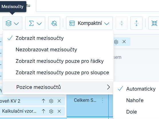 Nabídka Mezisoučty s volbami zobrazení a pozice mezisoučtů Nabídka Mezisoučty s volbami zobrazení a pozice mezisoučtů